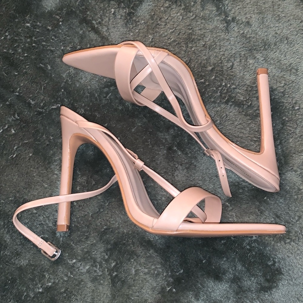 Pretty Little Thing - Nude Asymmetric Strap Point Toe Heeled Sandal. Worn once.